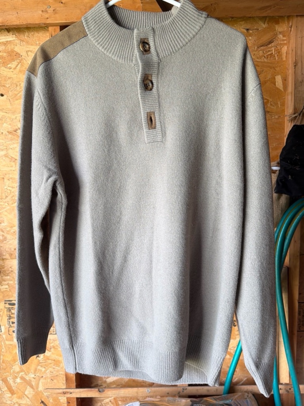 St. John's Bay Light Gray Crewneck Sweater with Tan Shoulder Patch